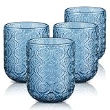 Joeyan Trinkgläser Set Bunt, 260ml Blau Wassergläser, Vintage Gläser Set 4 Teilig, Saftgläser mit Modernes Blume Relief Design, Stapelbar Küchengläser für Alltag,Büro,Outdoor, Spülmaschinenfest
