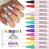 EBANKU 12 Farben Nagelkunst Stifte Set, 3D 0,7 mm Graffiti-Acrylfarbe Nagelkunst-Marker Schnelltrocknende Nagelspitze, Graffiti-Punktier-Liner-Stift-Sets für Zuhause und den Salon Nagel-DIY