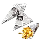 ONISM Snacktüte | Spitztüte für Pommes | Papier | Fettdicht | 100 Stück | Für Mandeln, Süßigkeiten, Fingerfood | Bis 125 Gramm | 100% Recyclebar | Zeitungsmotiv | Pommestüte (100 St., 19 x 27 x 19)