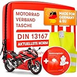 PURAHELP Motorrad Verbandskasten nach aktueller Norm 2024 DIN 13167 (StVO konform) - Inkl. Warnweste & Beatmungstuch - Motorrad Erste Hilfe Set 2024 Mini Klein