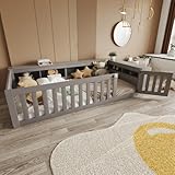 Kinderbett 90x200 cm aus Massivholz – Multifunktionales Einzelbett mit Sicherheitsgitter, Inkl. Lattenrost, Rundum-Schutz & Aufbewahrungsfächern (Weiß) (Grey)