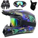 Motorradhelm, DOT-Zertifizierter Integralhelm für Dirtbikes, für Kinder, Jugendliche und Erwachsene, Motocross-Helm Mit Maske, Schutzbrille und Handschuhen(Blue claw,M(54-55cm))
