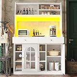 BXEYXE Küchenschrank, Hochschrank, Vitrinenschrank, Buffetschrank mit Verstellbaren Ablagen, Esszimmerschrank mit 2 Schubladen,Sideboard mit LED-Beleuchtung,Variable Lichtfarben,Weiß