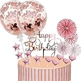 17 Stück Tortendeko Geburstagstorte, Happy Birthday Kuchendeko, Glitter Cake Topper, Rose Gold, Cupcake Topper mit Sternen Liebe Konfetti-Luftballons und Papierfächer