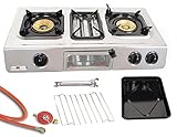 Edelstahl Gaskocher 3 flammig 9,7 KW Campingkocher mit Grill Ofen Gasgrill WOK Hockerkocher inkl. Gasschlauch-Regler Set