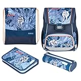 Herlitz Schulranzen Set 4-teilig Loop Tech Mech Blau 17 L Ergonomischer Tornister mit geringem Gewicht 1. Klasse Junge Mädchen Kinder