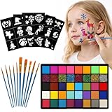 Kinderschminke Set – 40 Farben Schminkpalette mit 8 Glitzer, 10 Pinseln & 30 Tattoos – Waschbare Face Paint & Bodypaint Schminkfarben für Kinder, für Halloween, Karneval & Fasching
