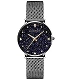 HANNAH MARTIN Sternenhimmel Damen Uhren Analog Quarz Edelstahl Wasserdicht Mesh Ultradünne (Schwarz Oberfläche ，Schwarz Armband)