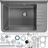 GOSPO Ausgussbecken aus Polypropylen, 50,5 x 34 x 26,5 cm, Haushaltsspülbecken, Spülbecken mit professionellem Siphon und Montageset, Waschbecken (Grau)