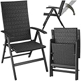 tectake® Alu Polyrattan Gartenstuhl, klappbarer Sessel mit 6-Fach Verstellbarer Rückenlehne, wetterfest, Aluminiumgestell, Campingstuhl mit Holzarmlehnen, Stuhl für Garten, Balkon, Terrasse - schwarz