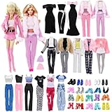 18 Kleidung Kompatibel mit Barbie 11.5inch Puppen, Modepuppen Outfit mit 1 Lederjacke 1 Lederrock 4 Trägern 1 langem Rock 2 Mänteln 3 Langen Hosen 1 Hut und 5 Schuhen Geschenk für Mädchen Zufällig