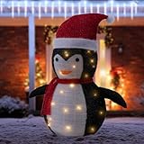 ECD Germany LED Weihnachts Pinguin mit Mütze & Schal, 68cm hoch, Gartenfigur mit 30 warmweißen LEDs beleuchtet, Timer, batteriebetrieben, Innen-Außen, zusammenfaltbar, Gartendekoration Weihnachtsdeko
