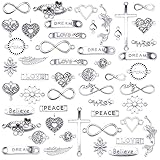 HERZWILD Schmuckverbinder Metall 50pcs gemischte charms anhänger set DIY Schmuckanhänger Anhänger Herz Schmuckverbinder DIY Basteln Charms Anhänger Halskette Armband Making Zubehör (Silver)