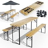 Onbest Bierzeltgarnitur für 8 Personen – 3 teilig – Modernes schwarzes Gestell – Tisch & 2 Bänke im Set – Biertischgarnitur mit Bodenschoner – klappbar – Holz lackiert – 177 x 46 x 75 cm