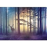 Runa Art Fototapete Wald Hirsch Nebel 352 x 250 cm Vlies Tapeten XXL Moderne Wandtapete Wohnzimmer Schlafzimmer Gelb Blau 9338011a