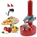 Kartoffelschäler Elektrisch, Apfelschäler Maschine Automatische Drehbare Gemüse Cutter Gemüse Früchte Schälmaschine mit 2 Extra Klingen,Kitchen Peeling Tool für Runde Apple Kartoffeln(Rot)…