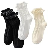 Blessmrich 3 Paar Trachtensocken Damen Socken Mit Rüschen Spitzen Socken mit Rüschen Rüschen-Tanzsocken Elegante Prinzessinnensocken Strumpf Knöchelsocken für jeden Anlass