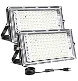 CREATESTAR LED Strahler Außen 100W, 2 Stück Baustrahler Außenstrahler Kaltweiß Scheinwerfer IP65 Wasserdicht, LED Fluter für Sportplatz, Lager, Garten, Hof, Garage, Parkplatz