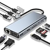 USB C HUB, Docking Station, 11-in-1 USB C Adapter mit 4K-HDMI, VGA, USB 3.0 Port, Type C PD, Ethernet RJ45 Port, SD/TF-Kartenles, 3.5mm AUX, Kompatibel für MacBook Pro/Air, More Type C Geräte