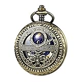 TREEWETO Mechanische Herren Taschenuhr, Sonne und Mond, Skelett, römischen Ziffern, Taschenuhren mit Kette für Herren, Bronze