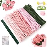 Pfeifenreiniger Blumen Set, 300 Stück Pfeifenputzer zum Basteln, Pfeifenreiniger zum Basteln, mit Grüne Bastelfaden, Klebeband, Geschenkpapier für DIY-Kunsthandwerk, Rosa