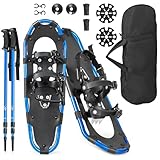 GYMAX 53/63/76 cm Schneeschuhe, Schuhgröße 35-45, leichte Geländeschneeschuhe-Set, Schneeschuhset mit Trekkingstöcken & Tragetasche, Alu Schneeschuhe bis 130kg belastbar (76 cm, Marineblau)