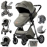 MoLi Kinderwagen 3 in 1, Kinderwagen mit Umkehrbarem Doppelschiebemodus, Buggy mit Großer Bequemer Babywanne, Kombikinderwagen 3 in 1 Rahmen Aluminiumlegierung Faltbar Hohe Landschaft (225 Deep Grey)