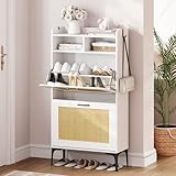 Dripex Schuhschrank schmal, Schuhkipper mit Rattan-Dekor, mit 2 Flip-Schubladen,Schuhregal schmal mit Metallfüßen für den Eingang, Flur, Wohnzimmer (Rattan weiß, 60cm)
