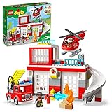 LEGO 10970 DUPLO Feuerwehrwache mit Hubschrauber, Feuerwehr-Spielzeug aus Bausteinen für Kleinkinder ab 2 Jahre, mit Feuerwehrauto und 2 Figuren, Geschenk für Mädchen und Jungen