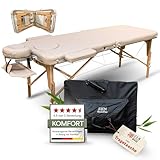 ZEN BASIC III Massageliege klappbar & mobile Massagetisch aus Holz, stabile Massagebett - Massagebank höhenverstelbar, Tattoo & Kosmetikliege, Behandlungsliege mit Kopfteil, Armstütze & Tasche (Creme)
