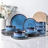 LeRatio Geschirrset für 6 Personen, Steingut Geschirr Set 18-tlg, Keramik Reaktive Glasur Kratzfestes- Schüssel- und Teller-Set, Spülmaschinen- und Mikrowellenfestes für Tafelservice, Weltraumblau