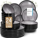 Steingut Geschirrset 6 Personen Ibiza 24 tlg. TESTSIEGER, Traumhaftes Mediterranes Steingut Geschirr Set, Schüssel- und Teller Set, Tafelservice 6 Personen, Geschirrsets Pure Living in Grau