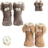 Generisch Winterliche, Extra Dicke Und Kuschelige Socken, Flauschige Anti-Rutsch-Hausschuhsocken Mit Niedlichen Großen Augen(Brown+Gray)