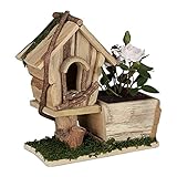 Relaxdays Holz Pflanzgefäß, mit Deko Vogelhaus, Rinde & Moos, eckiger Übertopf, Fensterbank, innen & außen, Natur/grün