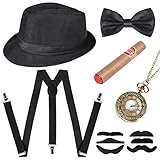 Cucudy 1920s Kostüm Herren 20er Jahre Accessoires Inklusive Panama Gangster Hut Verstellbar Elastisch Hosenträger Herren Halsschleife Fliege （Schwarz）