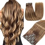 GUDOZO Clip in Extensions Echthaar 7pcs 35cm 80g Schokoladenbraun mit Karamellblond Invisible Clip Extensions Echthaar Extensions Clip Extensions Echthaar Haarverlängerung(14Zoll,4/4/27#)