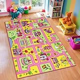 Capslpad Kinder Teppiche,Rosa Spielteppich für Kinder Stadtstadt Straße 160x100cm Kinderteppich Spielmatte Lernbereich Teppich Pädagogischer Spielteppich für Mädchen Kinderzimmer Spielzimmer