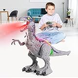 BAZOVE Ferngesteuert Dinosaurier Spielzeug, 2.4Ghz Elektronik RC Velociraptor Dino Spielzeug mit 360° Drehstunt, Sprühfunktion, Brüllen und LED-Licht, Geschenk für Jungen Mädchen ab 3+ Jahre