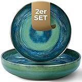 palmer 2x Pastateller - Nudelteller aus Steingut - tiefe Teller Ø22cm - Servierteller - Suppenteller - Tafelservice grün blau