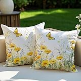Vorysum 2er Set Outdoor Kissen Gelb Blumen Dekokissen Wetterfest Kissenbezug Sommer Modern Kissenbezüge für Garten Sofa Couch Wohnzimmer Schlafzimmer Doppelseitiges Muster 45x45 cm
