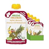 FRECHE FREUNDE Bio Quetschie Apfel, Banane, Ananas mit Kokosnuss, Fruchtmus mit Obst im Quetschbeutel für Babys ab dem 6. Monat, vegan, 6er Pack (6 x 100g)