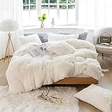 Sacebeleu Plüsch Bettwäsche Set 135x200cm Weiß Creme Warme Winter Flauschig Flanell Biber Mädchen Bettbezug mit Reißverschluss und 1 Kissenbezug 80x80cm