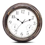 WIYETY 30cm Lautlose Wanduhr Outdoor mit Thermometer & Hygrometer - Innen Draussen Gartenuhr, Retro Gartenuhr Wetterfest, Wasserdicht für Küche, Badezimmer, Veranda (Braun, Kunststoff)
