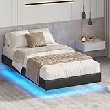 DICTAC Bett 90x200 mit LED Beleuchtung, Bettgestell 90x200 mit Lattenrost, Floating Bed Frame, Gepolstertes Jugendbett für Schlafzimmer, Gästezimmer, Leichte Montage, Schwarz Gästebett