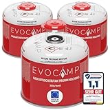 EVOCAMP 3X Propan Butan Gaskartuschen 300g, Schraubventil Eurogewinde 7/16', Ventilkartuschen 539ml mit Sicherheits-Verschlussautomatik, Gaskartuschen einsetzbar für Weber Grills Q100/1200-Serien