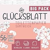 Glücksblatt Toilettenpapier SAMTWEICH, 4-lagig, 56 Rollen x 130 Blatt, 100% Zellstoff, superweiches Klopapier mit Glücks-Prägung, WC Papier, ideal für Camping, Verpackung aus mindestens 30% PCR-Anteil