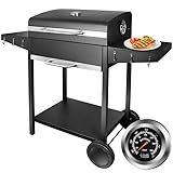 SunJas Grillwagen Holzkohlegrill mit Deckel, XXL Kohlegrill mit Rädern & Thermometer und zwei Ablagen, groß Kohle BBQ Grill für Camping und Garten