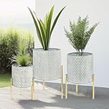 G-LEAF Set 3 Pflanzgefäße mit Gold Ständer aus Metall 25&20&15cm Hoch, Innen&Outdoor Moderne Blumentöpfe mit Bienenwabe Muster für Wohnzimmer Ecke/Küche/Büro/Garten/Balkon Dekoration (Weiß)
