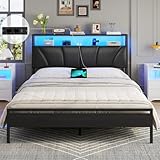 Brinlawb Bett 140x200 mit Lattenrost aus Metall, Bettgestell 140x200cm mit LED Beleuchtung Metallbett 140x200 mit Kopfteil & Ladestation(2 AC-Steckdosen 2 USB-Anschlüsse)Jugendbett Doppelbett Schwarz