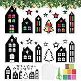 BOOMTOP 12 Weihnachten Basteln Fensterbilder Haus Weihnachtsbaum Sterne Bastelset Kinder Fensteraufkleber Bunte Weihnachten Deko Fenster Sticker Weihnachtshaus Schablonen Winter Silvester Geschenke